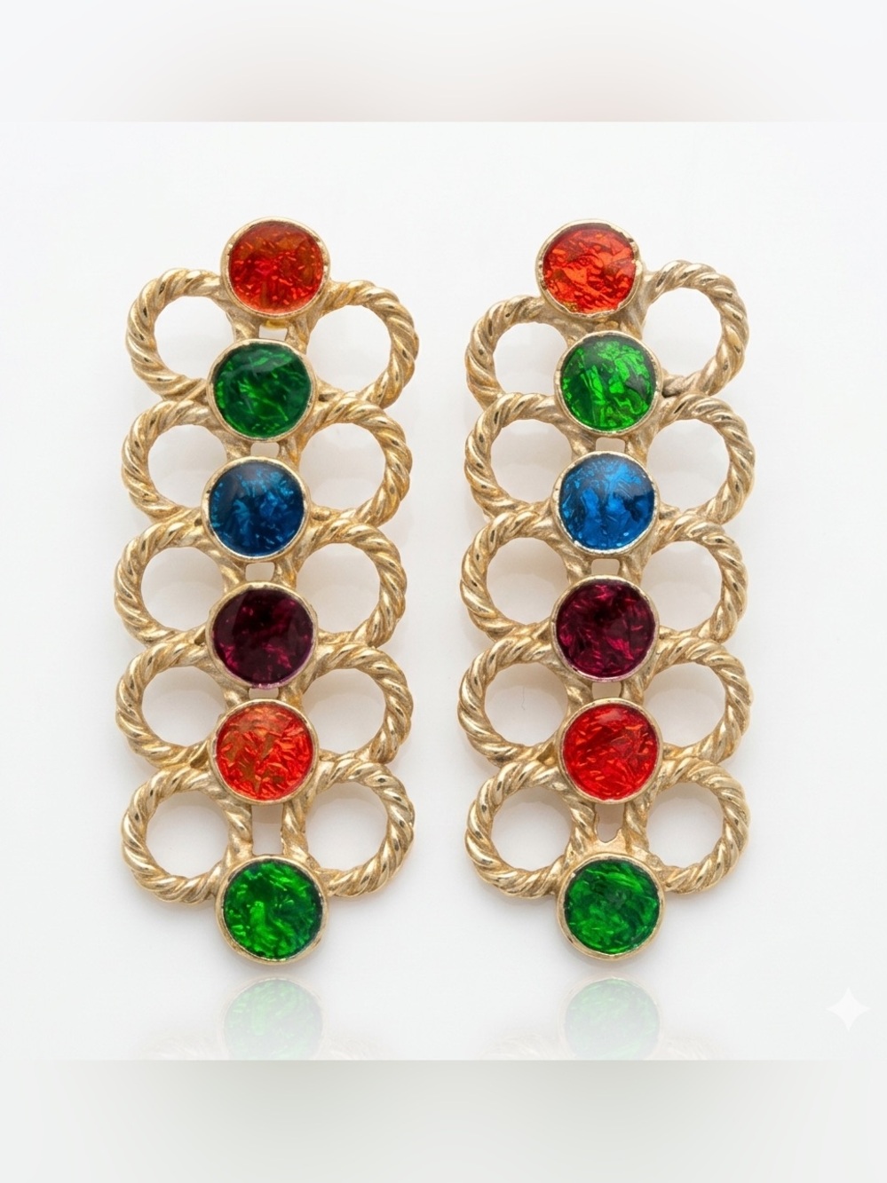 Vintage 80s Multicolor Cabochon Gold Drop Dangle Statement Earrings Runway